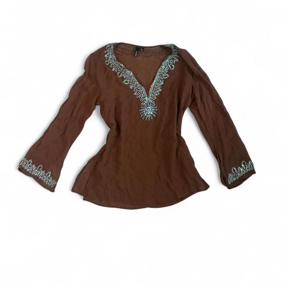 Women's 100% Silk Sheer Light Brown and Blue Beaded Boho Blouse sz 6